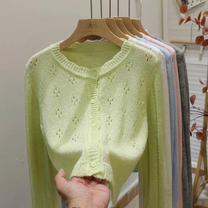 Design Sense Hollow Lace Knitted Cardigan for Women Retro Spring and Autumn Short Top