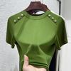 Summer New Cotton Round Neck Short Sleeve T-shirt Women's Solid Patchwork Button Korean Simple Fashion Casual Versatile Top 2024