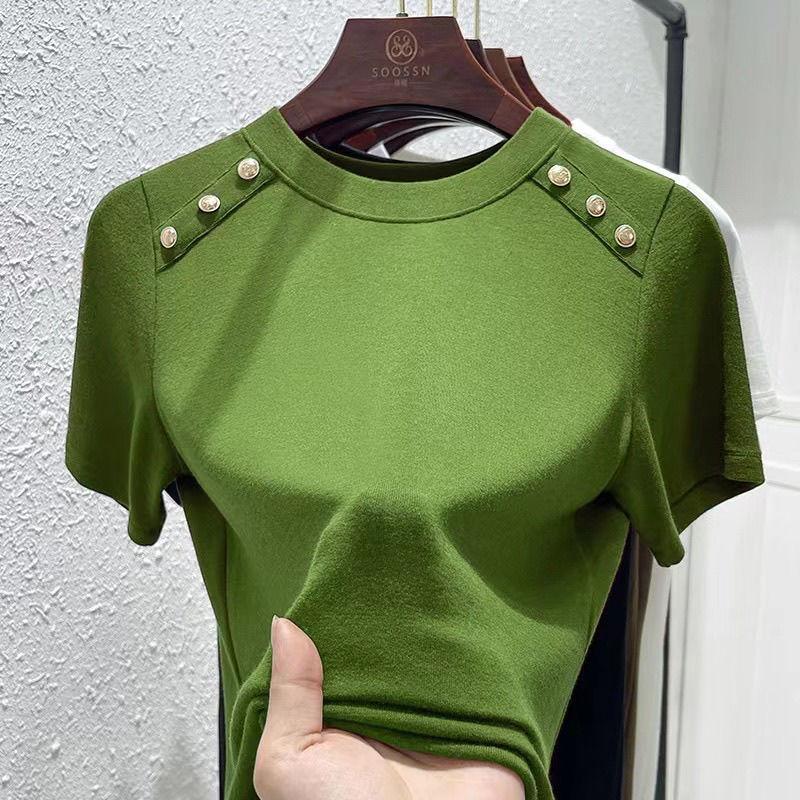 Summer New Cotton Round Neck Short Sleeve T-shirt Women's Solid Patchwork Button Korean Simple Fashion Casual Versatile Top 2024