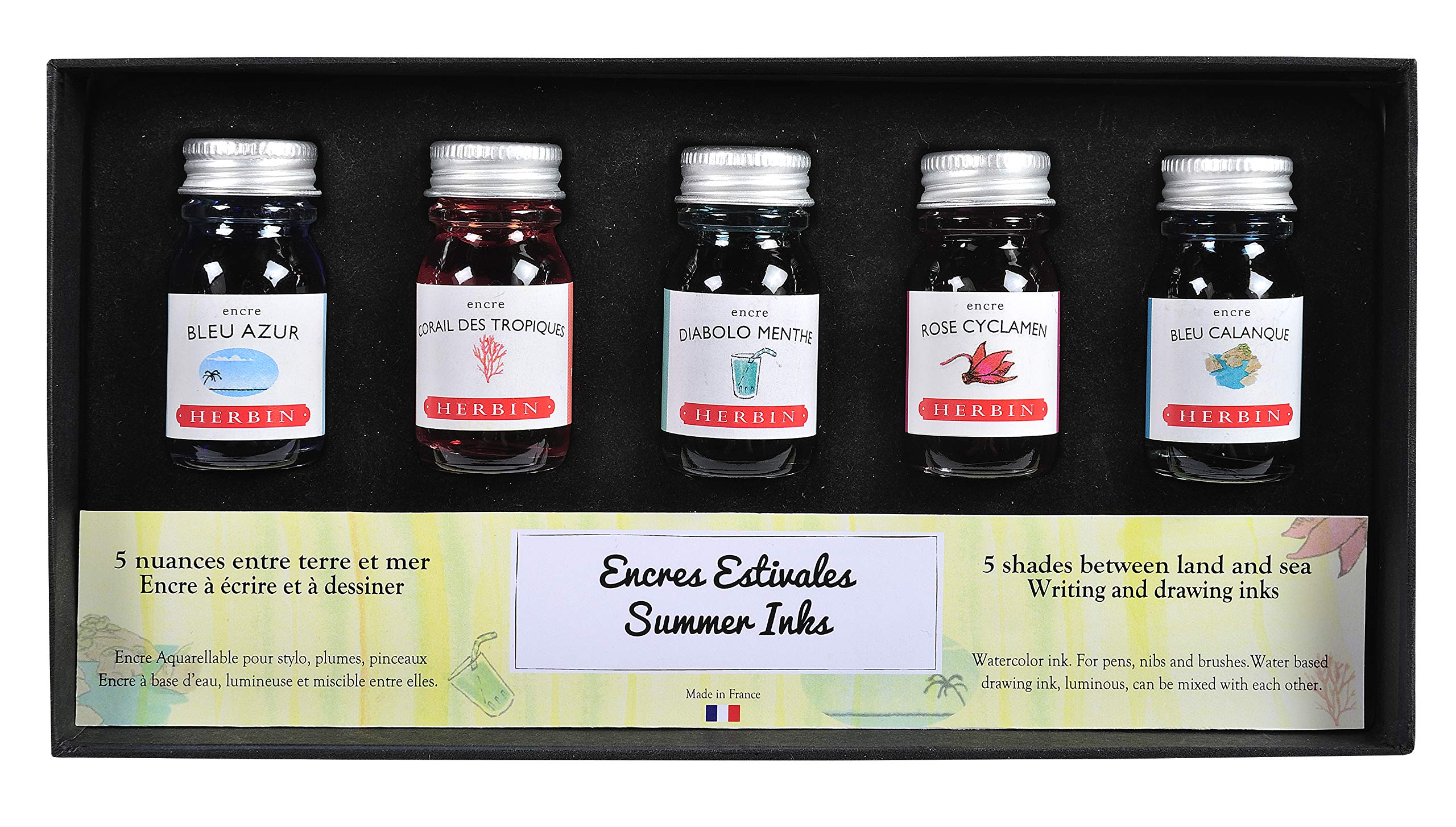 

Herbin Mini Ink Coffret Traditional Set Tropical Mint Cyclamen and Caclan HERBIN hb18502 Summer 10ml, 5-Piece (Blue Azure, Coral, Green, Red, Blue)