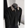 Men Black White Houndstooth Vertical Stripe Long Sleeve Polo Contrast Collar Casual Top