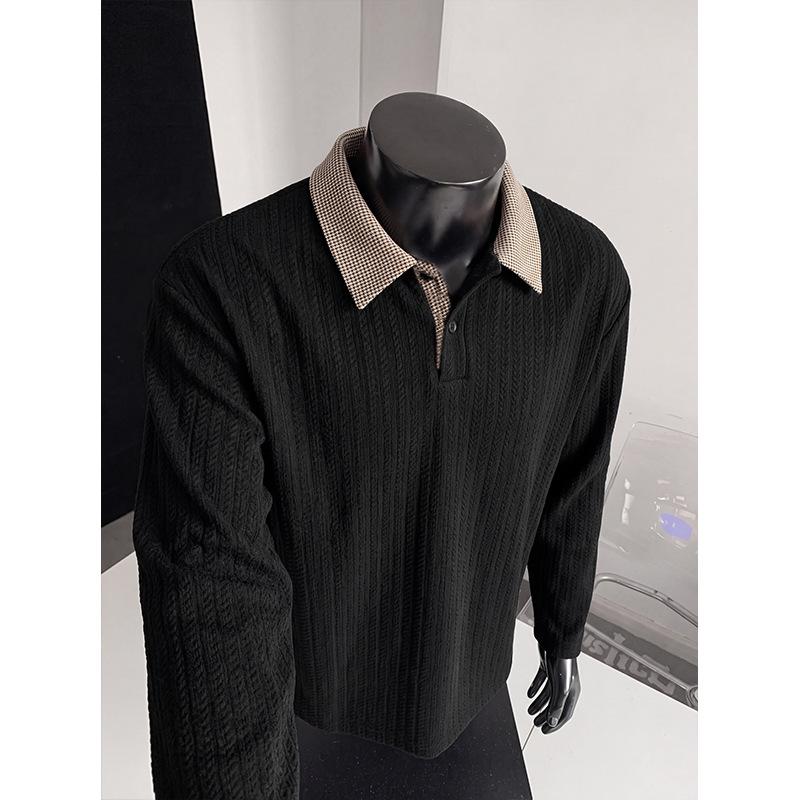 Men Black White Houndstooth Vertical Stripe Long Sleeve Polo Contrast Collar Casual Top
