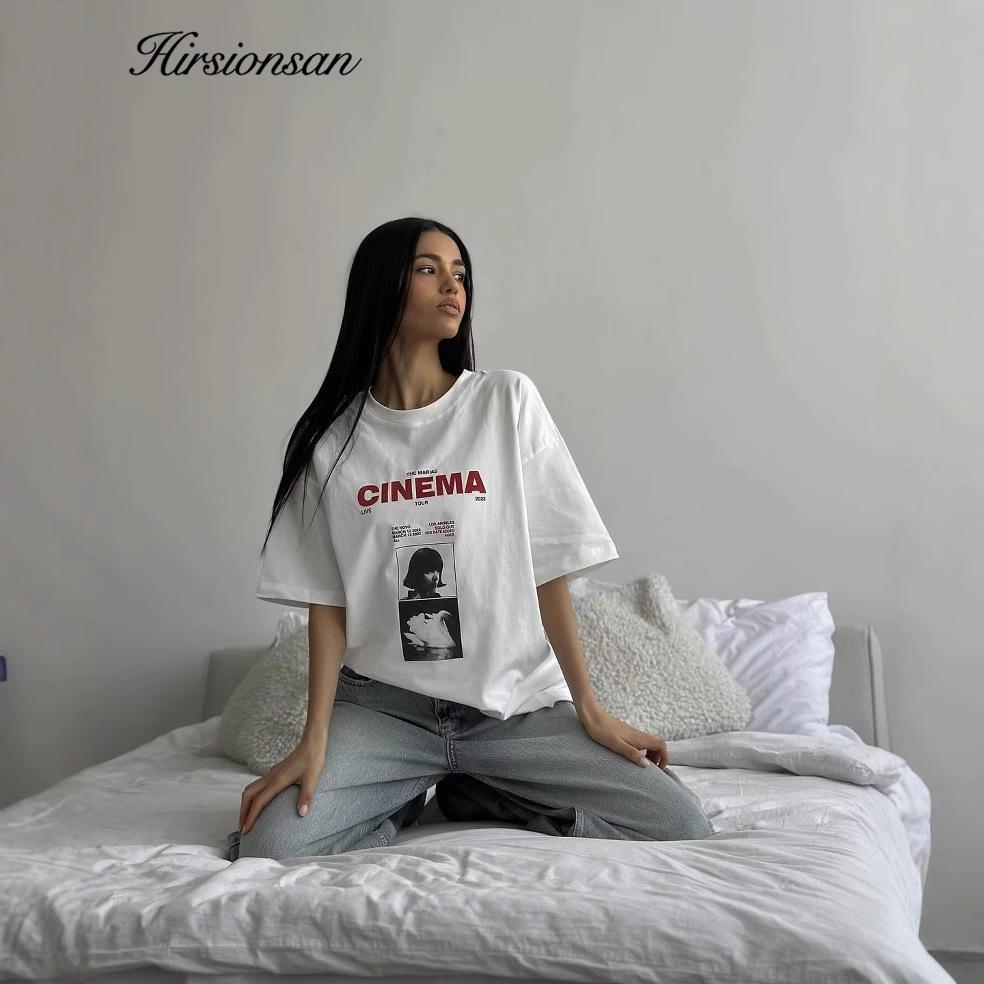 Hirsionsan Cinema Letter Printed T Shirt Women Summer Cotton