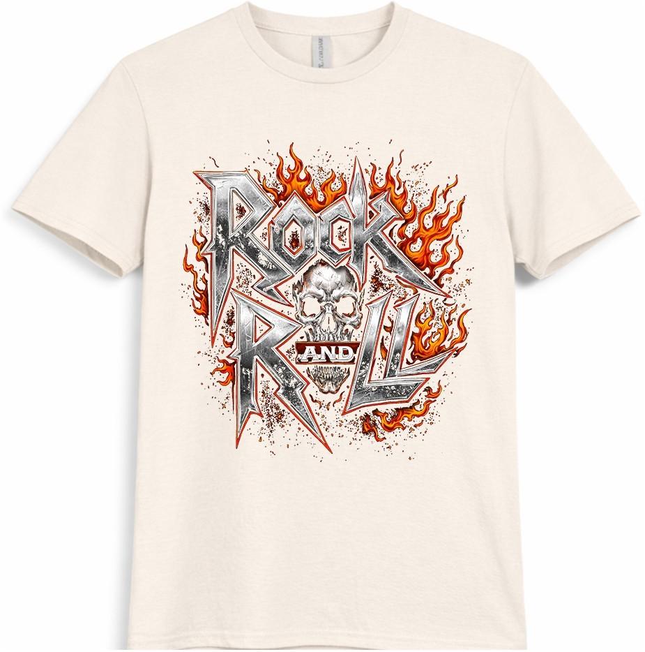 Rock N Roll T Shirt Flaming Skull Heavy Metal Gothic Biker Vintage Tee