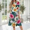 Summer Casual Mid-Length Hawaiian Print Round Neck Dresses for Women Relaxed Fit Dresses for Women Vacation Style Dresses for Women