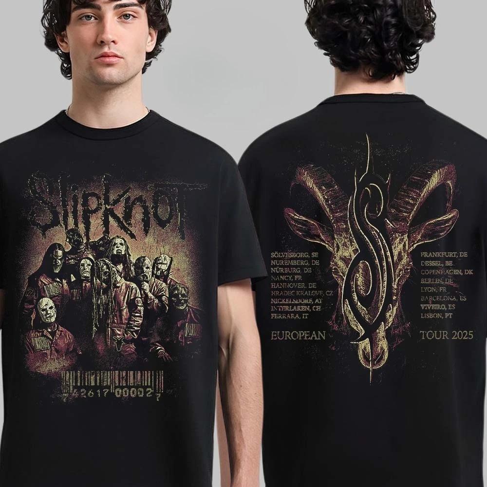 Новый мерч Slipknot 2026 Европейский Тур Фото Группы Двусторонний Унисекс Футболка Высокое Качество Подходит и Мужчинам и Женщинам Y2k Хлопковые Футболки M