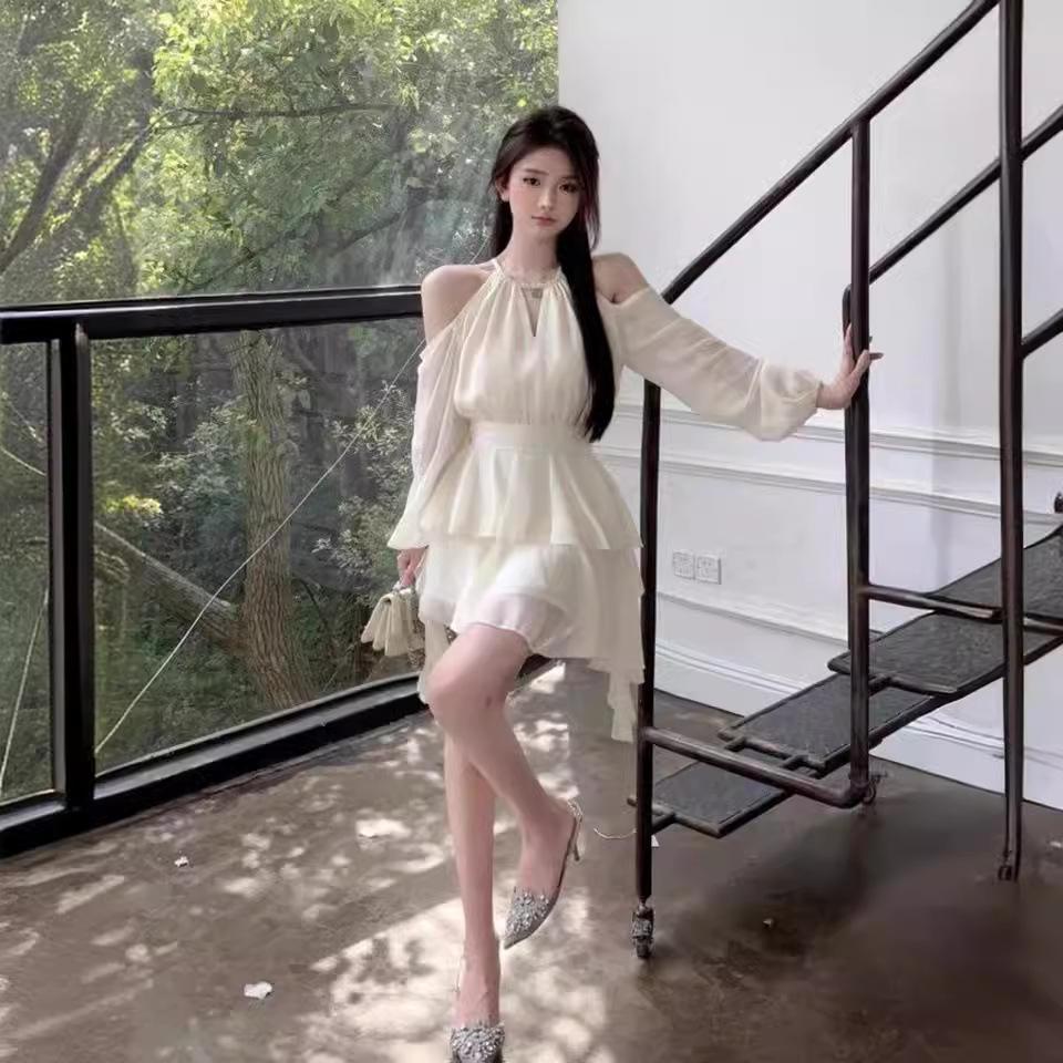 French temperament sexy off-the-shoulder neck ruffle edge waist chiffon dress women's summer new skirt