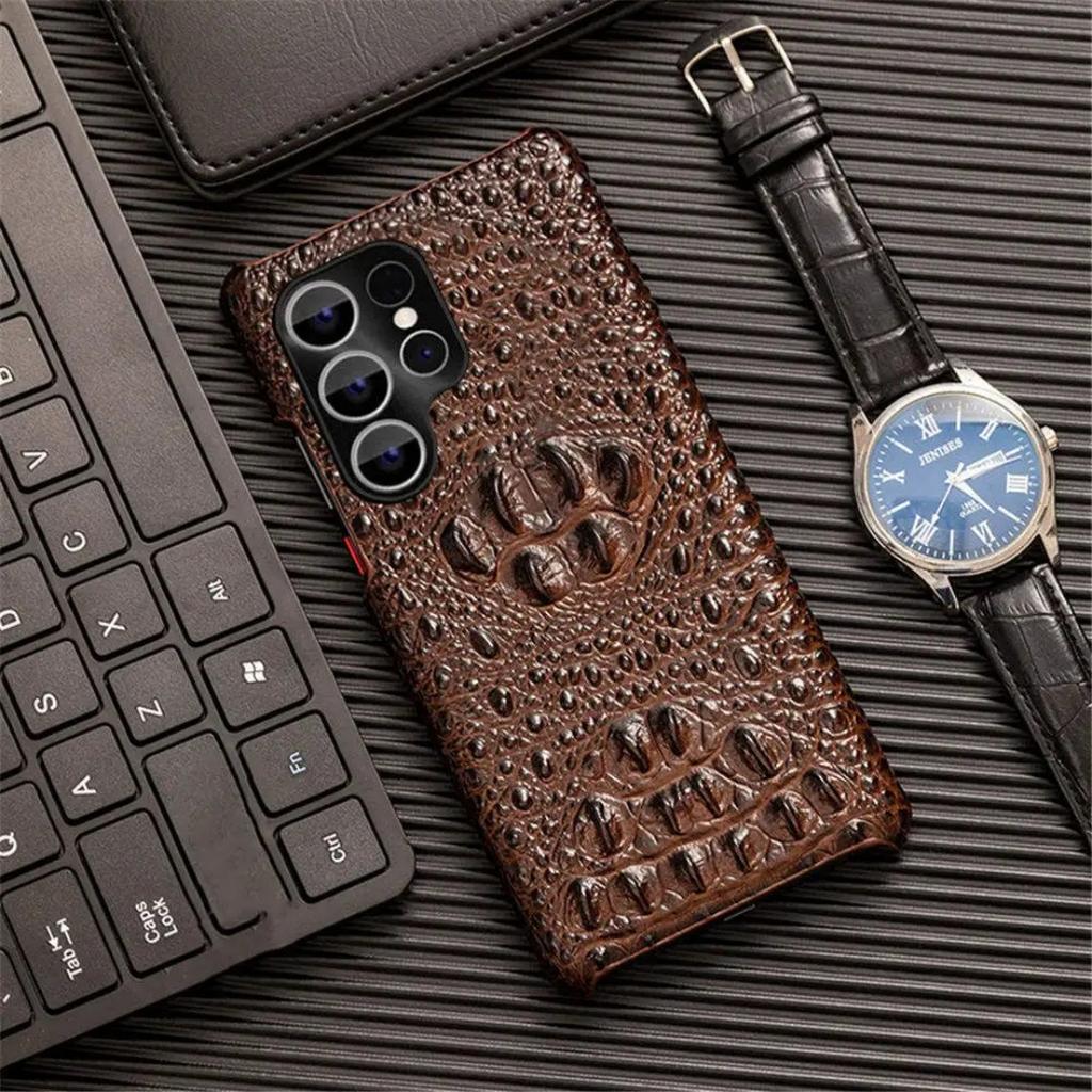 Echte Rindsleder Dünne Hülle Für Samsung Galaxy S10 S20 S21 S22 S23 S24 S25 Plus Ultra 3D Krokodil Schädel Rückseite Hülle