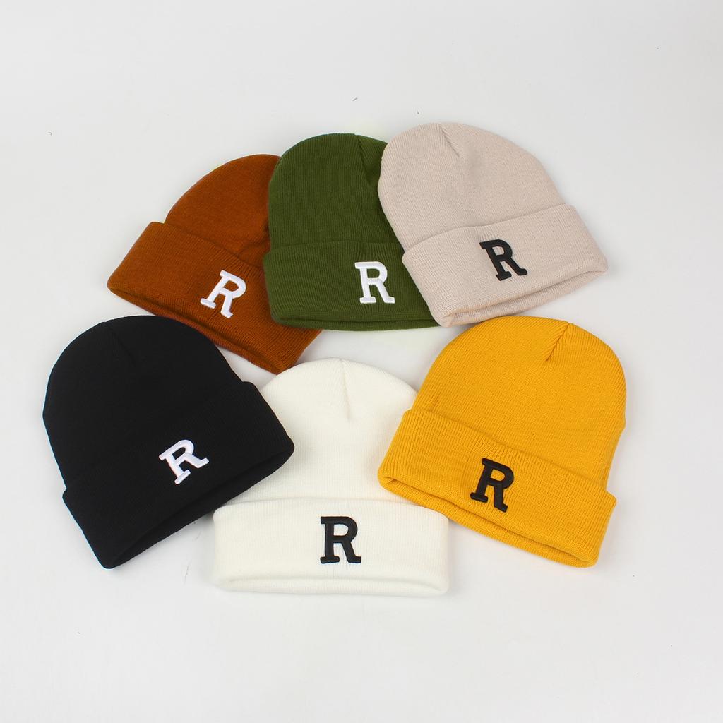 Men Women Winter Knitted Beanie Hat R Embroidery Stretchy Skull Cap Casual Warm Cuffed Watch Hat