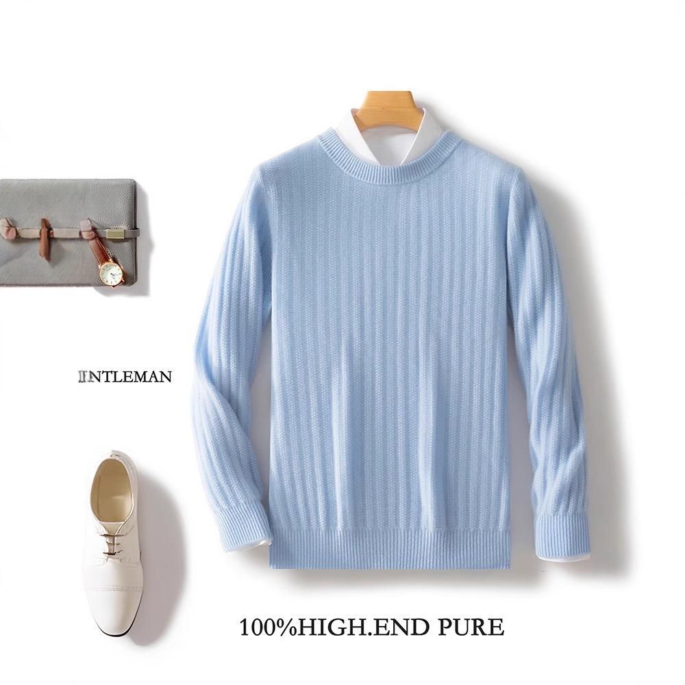 Men s Slim Fit Wool Sweater: Vertical Stripes, Round Neck, Ribbed Texture for Autumn/Winter Business Casual XL