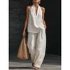 Women's Halter V Neck Loose Fit 2 Piece Outfit Solid Color Sleeveless Top Wide Leg Pants Casual Summer Tracksuit Set