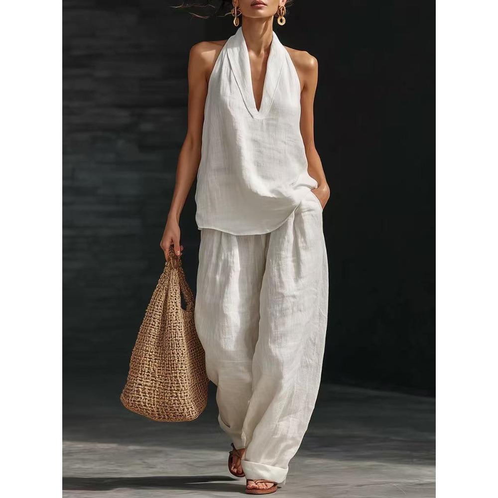 Women's Halter V Neck Loose Fit 2 Piece Outfit Solid Color Sleeveless Top Wide Leg Pants Casual Summer Tracksuit Set