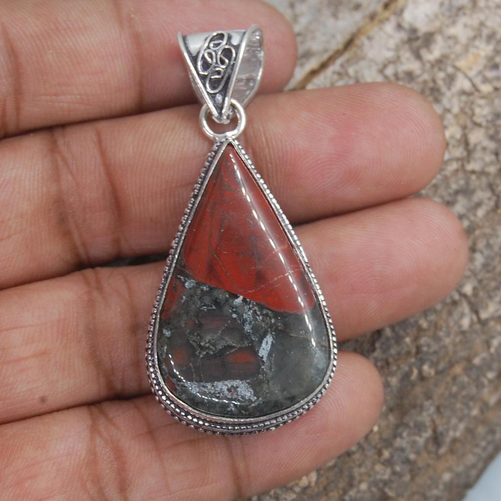 Pear Cab African Bloodstone 925 Sterling Silver Pendant, Designer Boho Pendant
