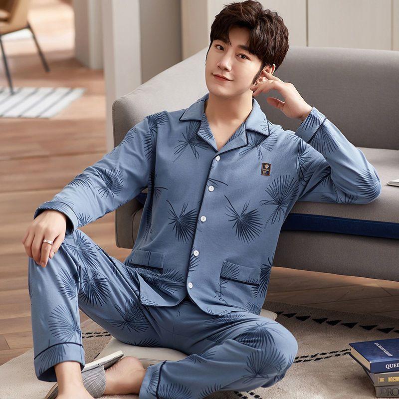 Men's 100% Cotton Long-Sleeve Pajama Set, Plus Size, Cardigan Style for Spring, Autumn, and Summer.