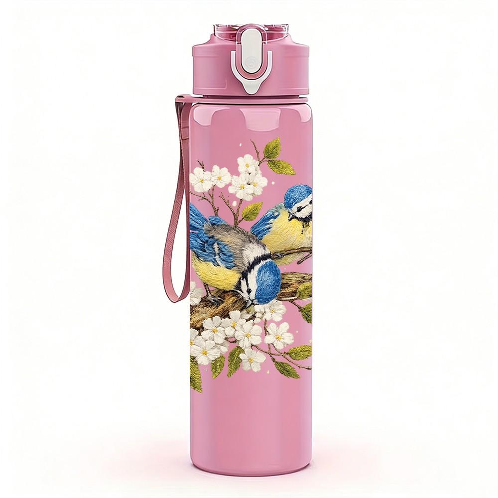 1PC Bird Nest With Spring Flower Print 750ml Color Plastic Sports Water Bottle Leakproof Flip Straw Lid Suitable for Sports Office Home Use