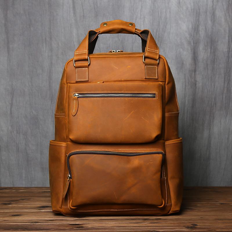 Retro Leather Men's Backpack Top Layer Leather Large Capacity Computer Backpack Crazy Horse Leather Leisure Travel  Men Bag NZPJ