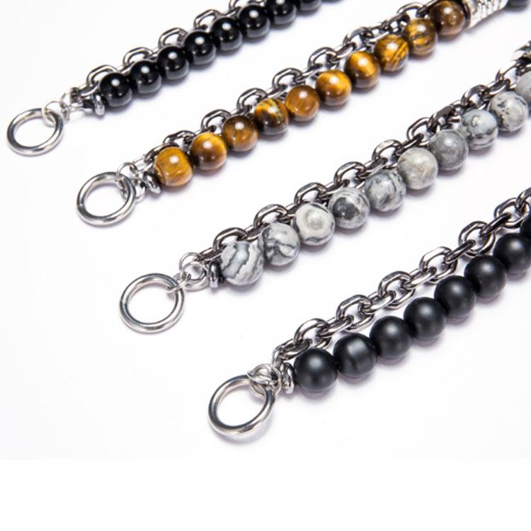 Natural Map Stone & Stainless Steel Men's Beaded Bracelet - Unique Fashion Jewelry