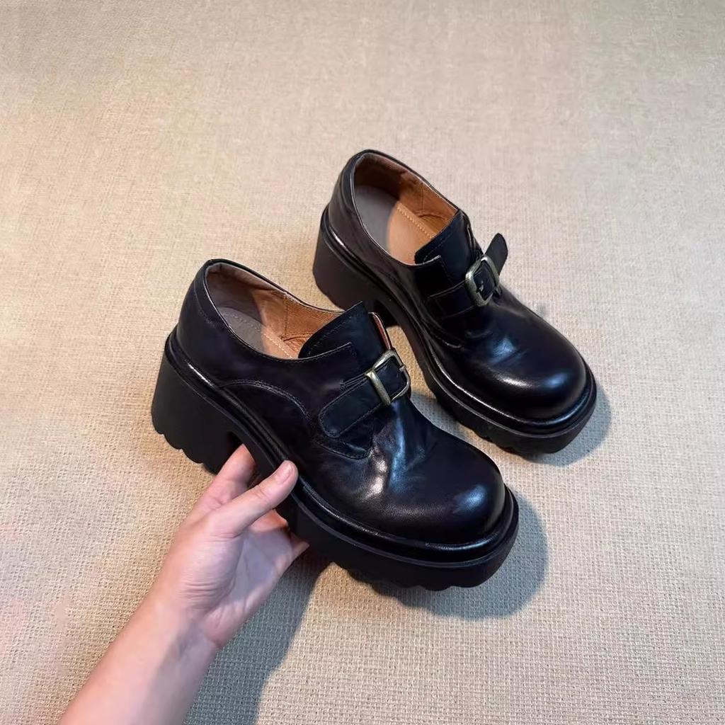 Rindslederversion~ Retro runde Spitze dicke Sohle erhöhend vielseitig kleine Lederschuhe für Damen Britisch leichte Öffnung dicker Absatz hoher Absatz Mary