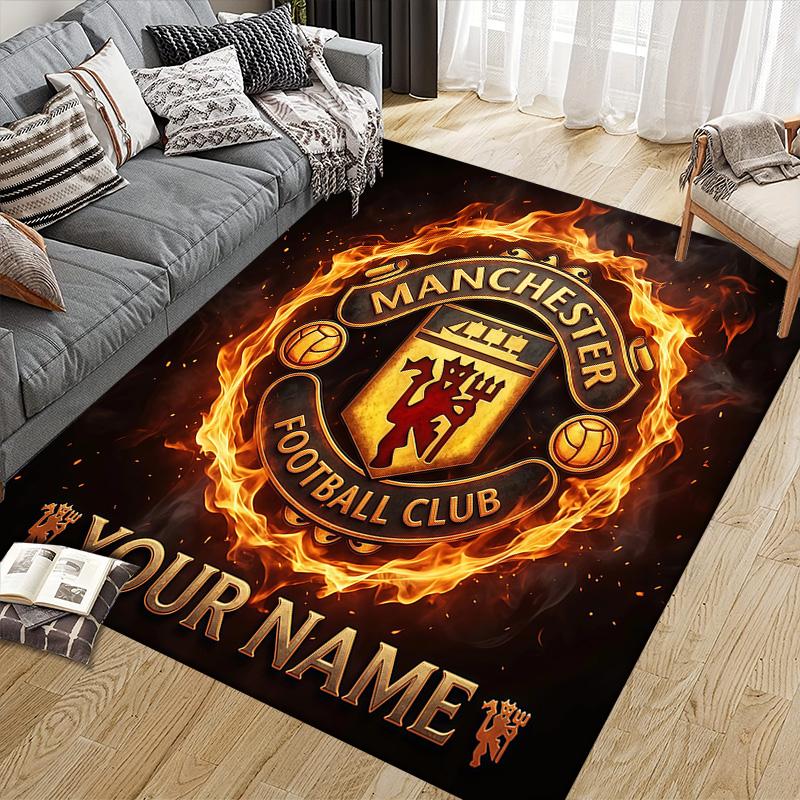 Custom Name Manchester United Flannel Pattern Square Carpet,Area Rug,Carpet Rug for Living Room Bedroom Sofa Playroom Decor,Non-slip Floor Mat