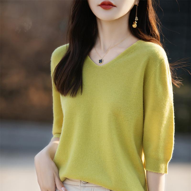 

Весенне-летняя новинка, женский трикотажный свитер с V-образным вырезом и короткими рукавами, топ для носки внутри и снаружи, базовая рубашка XXL жёлтый