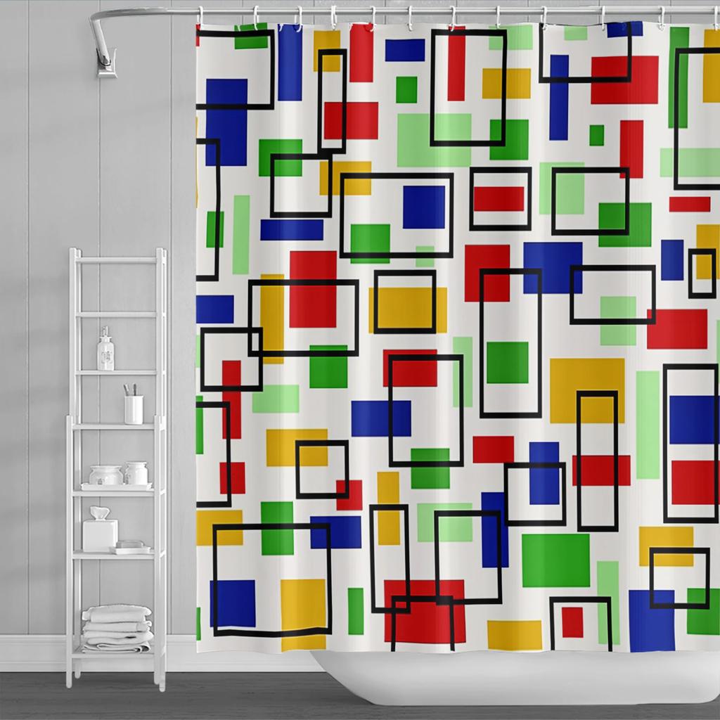 Modern Geometrischer Duschvorhang Blau Wasserdichte Duschvorhänge Polyester Badvorhang Badezimmer Strukturierter Stoff Maschinenwaschbar