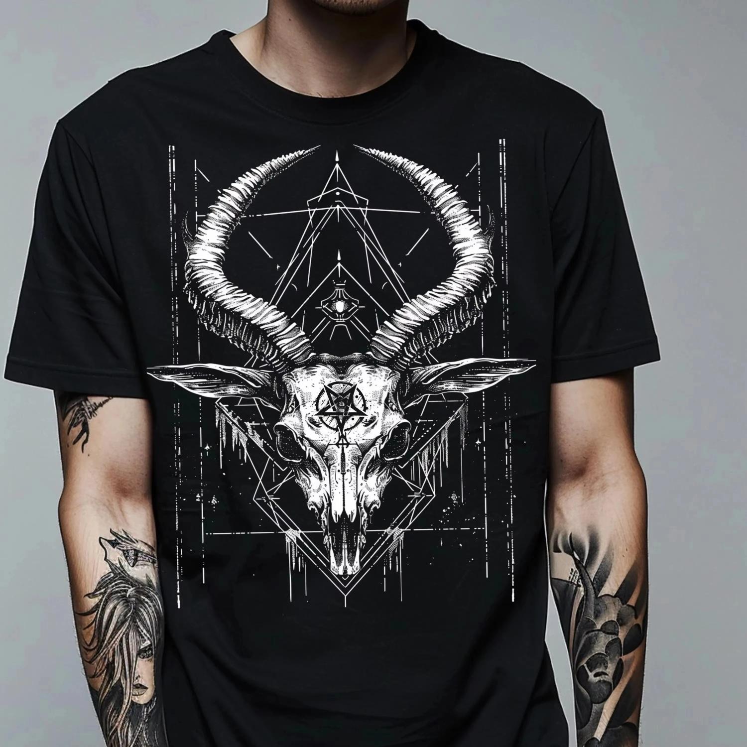 Goat Skull Cotton TShirt Men Gothic Biker Streetwear Punk Rock Style S