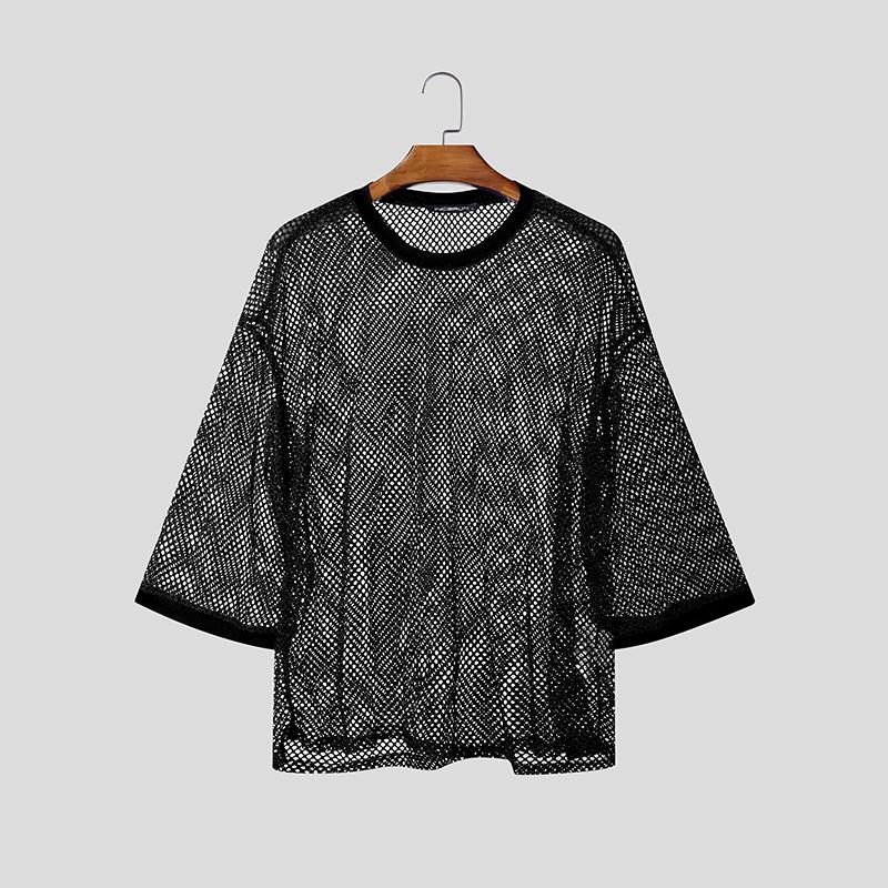 INCERUN Men Round Neck Long Sleeve Hollow Out Tops Mesh Sheer Shirts