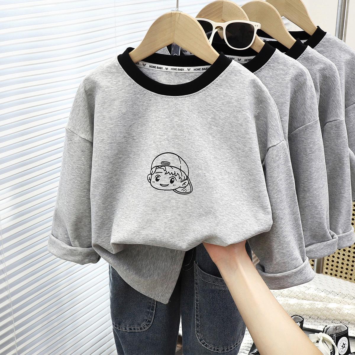 

Весна и осень 2025 г. Хлопковые футболки с длинными рукавами для детей: Мультяшный дизайн, круглая горловина, унисекс для маленьких и средних детей 100 cm