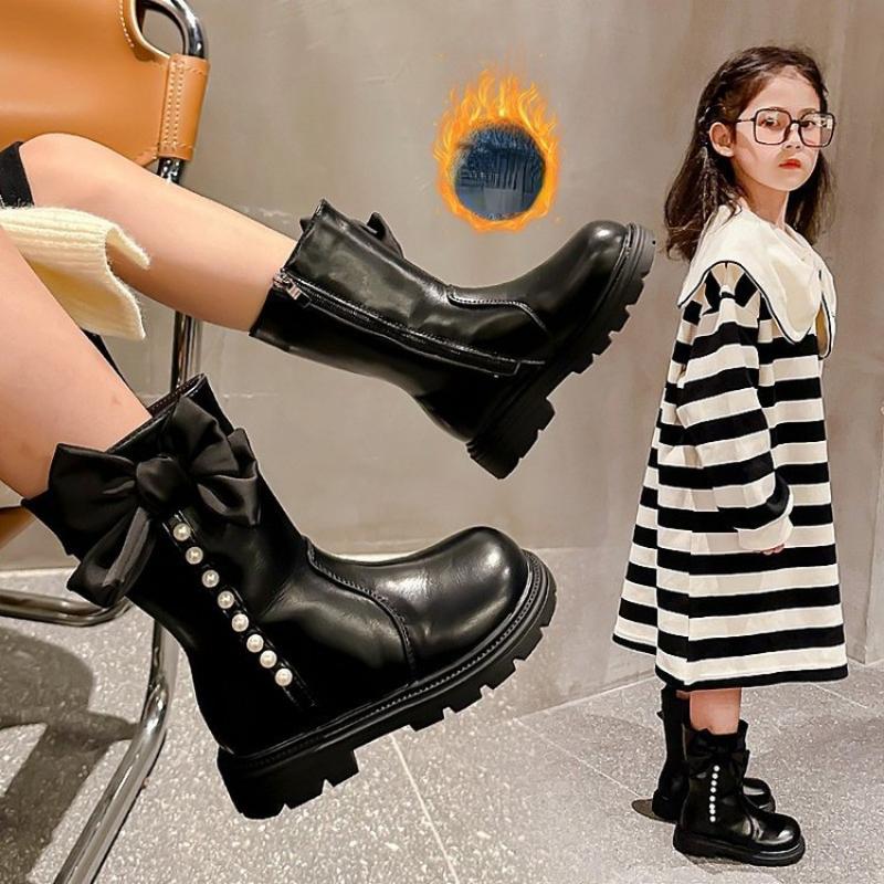 

Сапоги с жемчужным бантом для девочек, зимние детские модные теплые сапоги принцессы