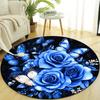 Luxurious Crystal Velvet Round Area Rug with Vibrant Blue Roses & Butterflies Design – Non-Slip, Soft Polyester Mat for Bedroom,