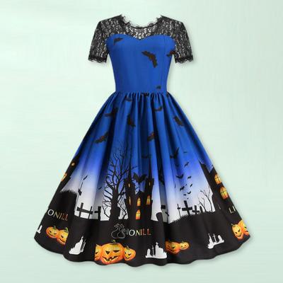 Sukienka na imprezę halloweenową dla kobiet z koronką, okrągłym dekoltem, w stylu retro, w kształcie litery A, z dużym obszyciem, z nadrukiem w stylu nawiedzonego domu i nietoperza