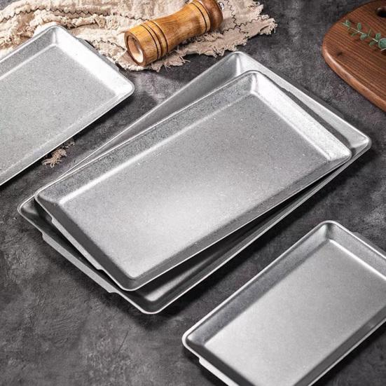 Vintage Stainless Steel Rectangular Tray Retro Industrial BBQ Platter with Double Handles Large Heavy Duty Serving Dish for Home