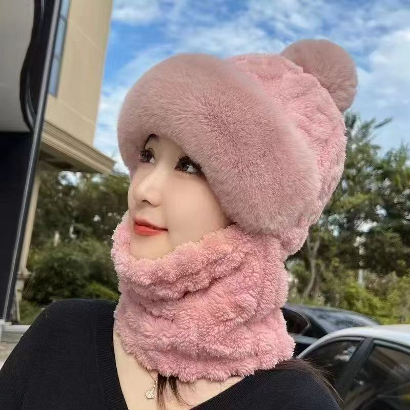 Winter Hat Scarf Integrated Women's New Style with Thick Velvet and Warm Cover for Cycling Windproof and Ear Protection Woolen Hat for Women