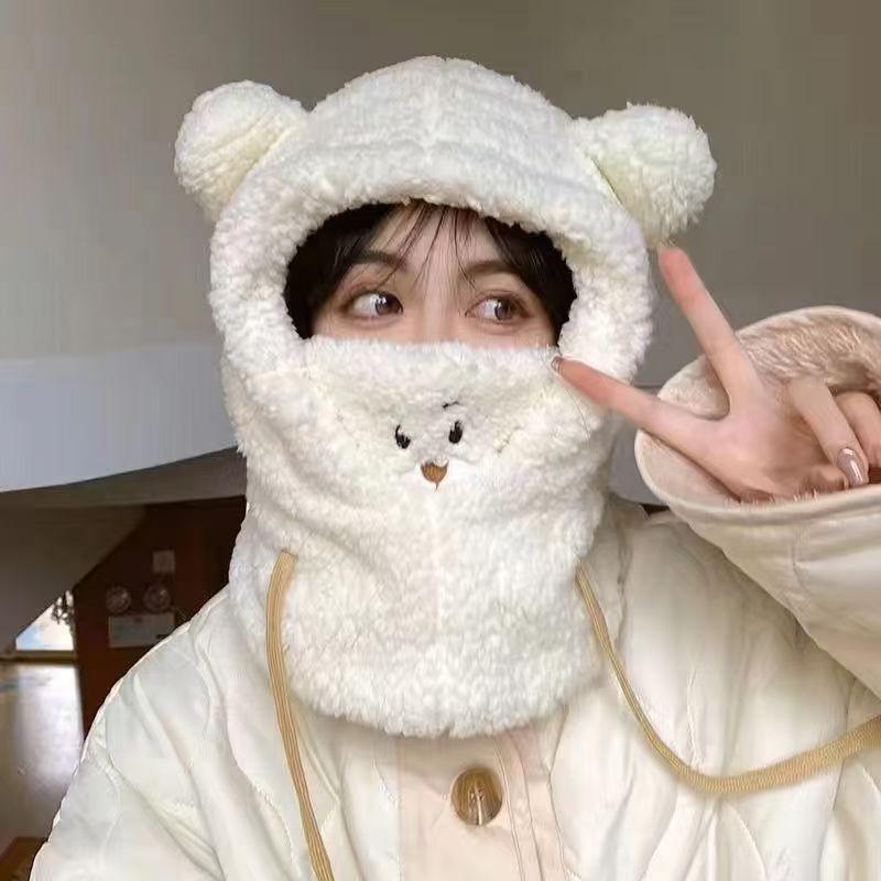 Hat, scarf, mask integrated Korean version season Korean version thickened wool hat female cute warm ear protection bear hair