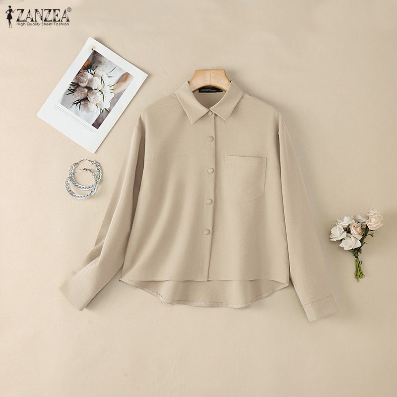 ZANZEA Women Casual Turn Down Collar Long Sleeve Loose Blouse