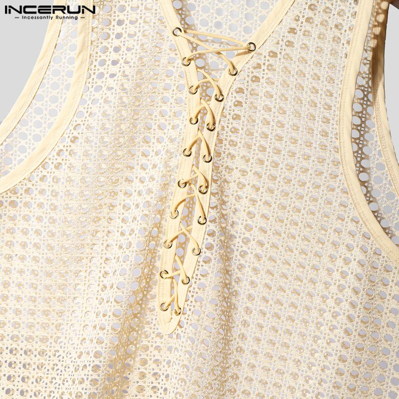INCERUN Men Sleeveless Lace-up Bandage Hollow Out Casual Tank Tops