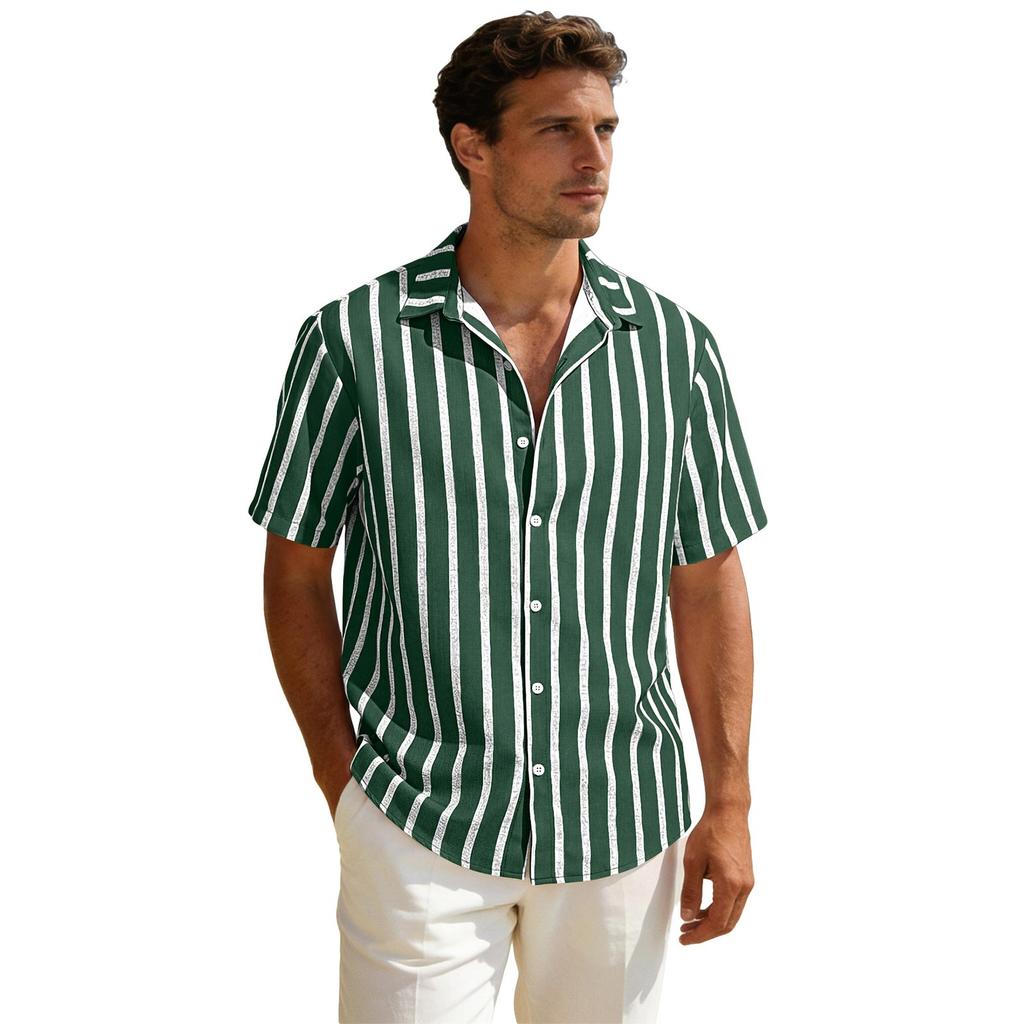 Men Short Sleeve Striped Button Down Shirt Casual Loose Fit Lightweight Breathable Collared Summer Top for Daily Wear