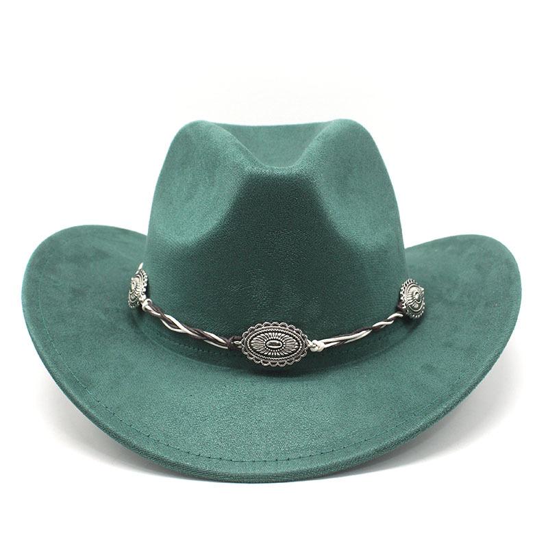 Semišový Upturned Edge Western Cowboy Klobouk Muži a ženy Outdoorový cestovní klobouk Rolled Brim Etnický styl Cylindr Plstěný klobouk