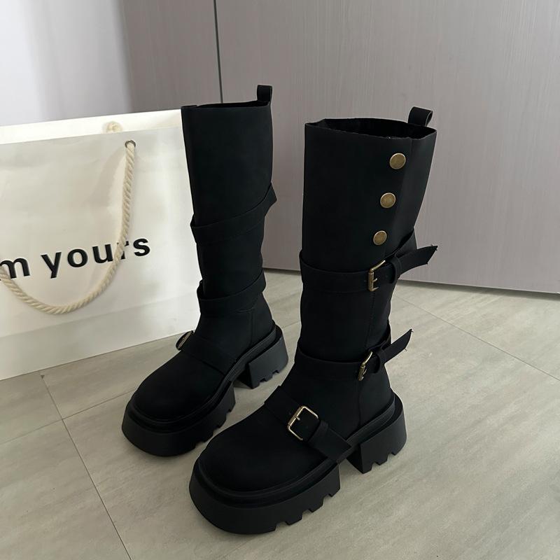 [Fanfuna] Retro belt buckle boots for women's 2025 autumn new thick-soled high-looking and thin soft-soled knight boots