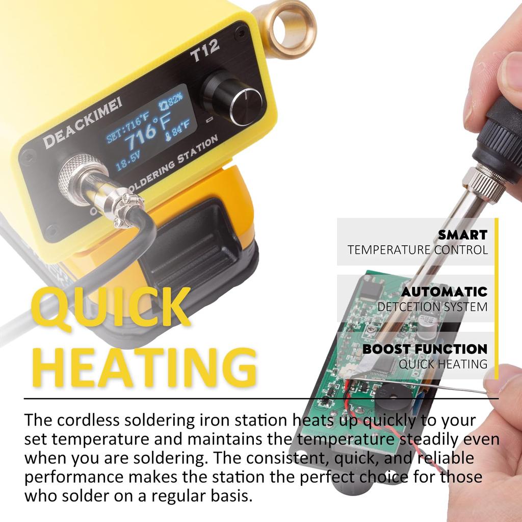 Cordless soldering iron table with digital display, adjustable temperature knob, lead-free soldering, °C/ºF conversion, auto sleep and calibration.