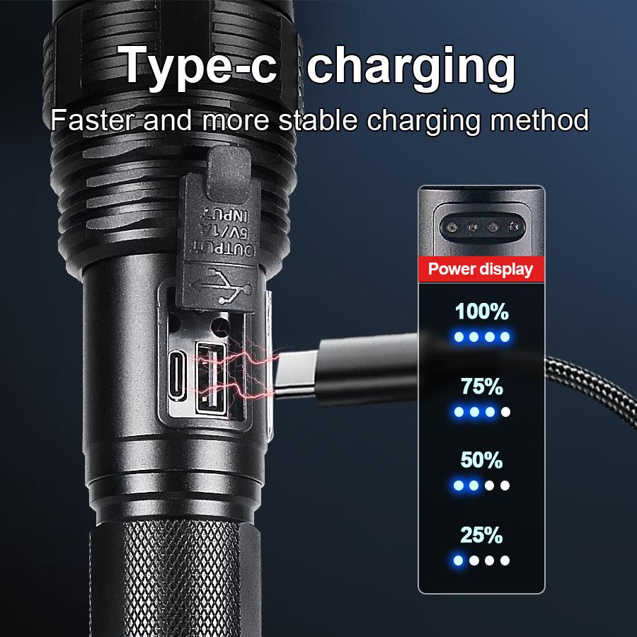 High Power 300W LED Flashlight Type-C USB Rechargeable Tactical Torch 2000M Long Range Ultra Powerful Flashlight Camping Lantern