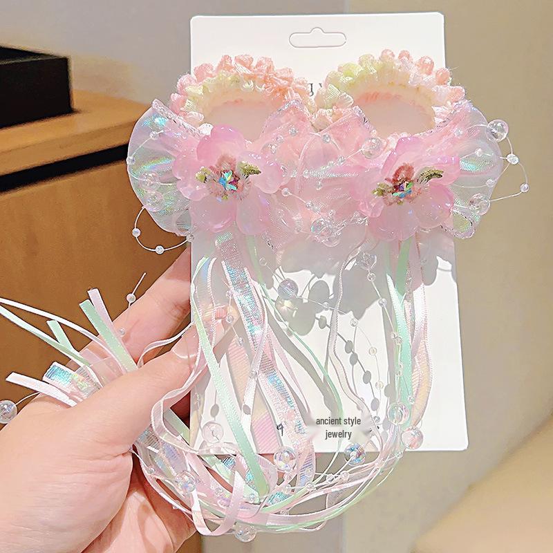 Girls' Hanfu Hair Ties - Sweet Ancient Style with Flower, Butterfly, and Tassel Ribbon Accents