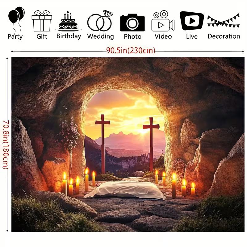 

2D Resurrection Cave Background Cloth with Candles & Sunset Mountain View 47.2x31.5inch/120*80cm
