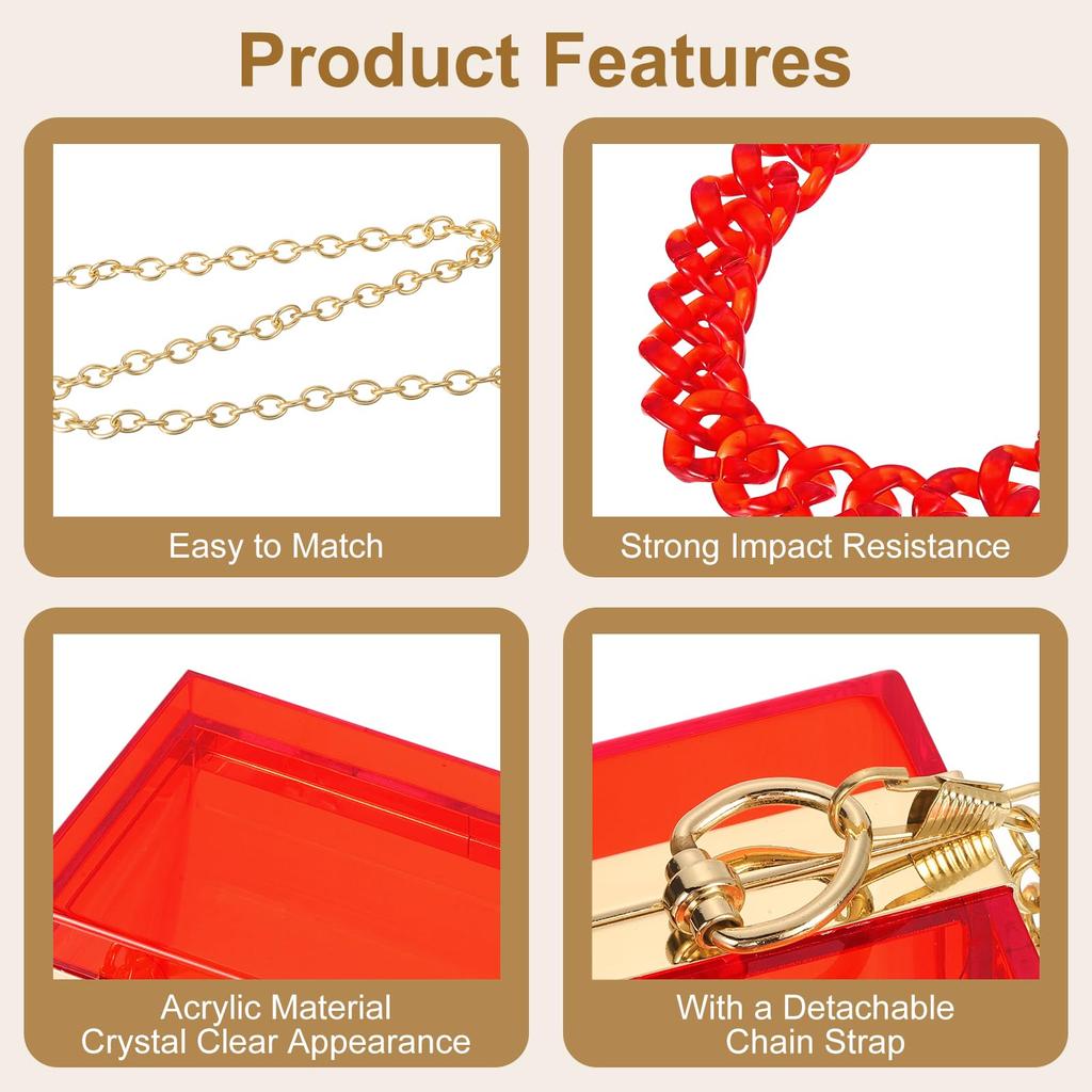 Uxcell Women's Clear Acrylic Clutch Bag, Square Acrylic Purse, Transparent Crossbody Handbag with Detachable Chain for Travel and Office Use, RedGold