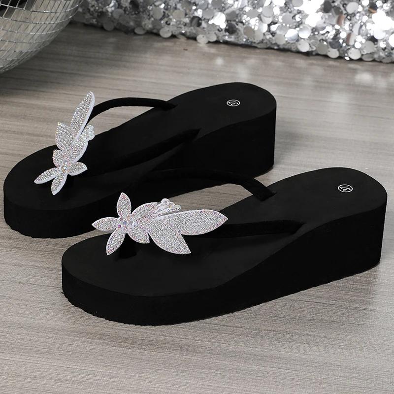 Fashion Crystal Floral Wedge Heels Flip Flops Women Summer 2025 Thick Bottom Clip Toe Sandals Woman Platform Lightweight Slides Shoes 42