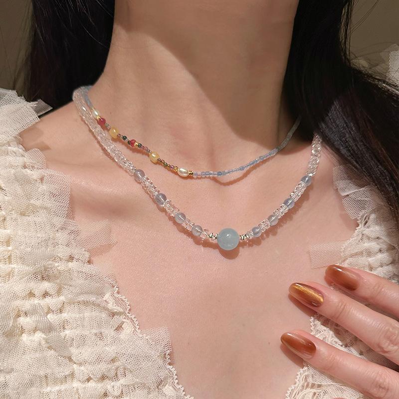 Bee Mom Handmade Large Sea Blue Agate White Crystal Necklace for Women, High-end Light Luxury Elegant Collarbone Chain for Summer