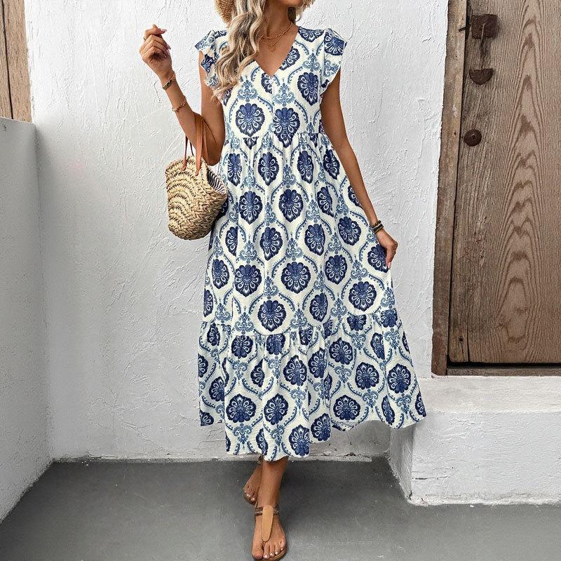 Amazon Europe, America and foreign trade summer new French holiday style loose deep V-neck printing long dress