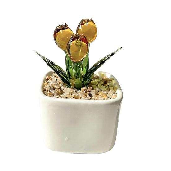 Faux Crystal Flower Figurine Mini Hand Blown Glass Potted Flower Ornament for Home Office Table Decor Gifts for Wedding Birthday Mother's