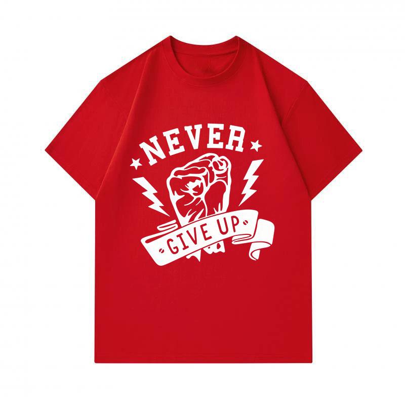 Men's 100% Cotton Crew Neck Short Sleeve T-Shirt, Never Give Up Fist Lightning Motivational Print Casual Breathable Summer Tee for Daily Wear