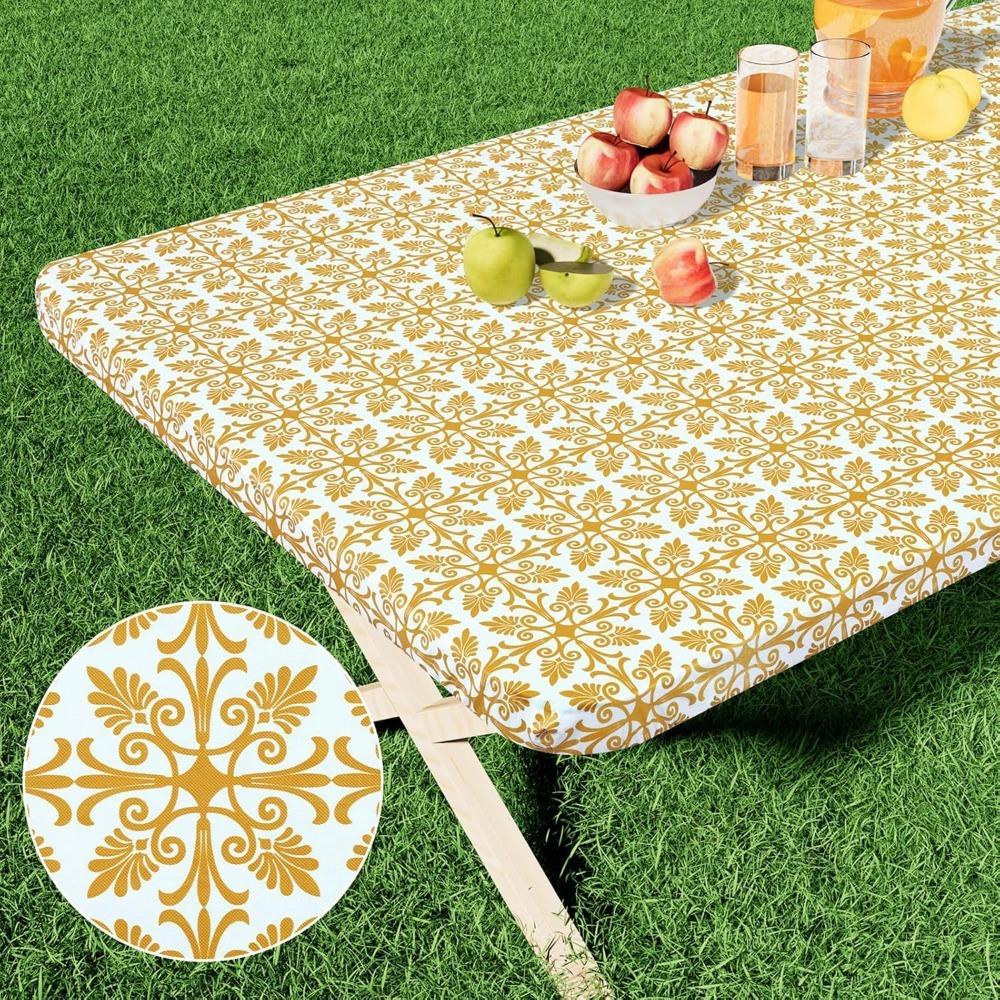 Waterproof Baroque Print Elastic Fitted Tablecloth Rectangular Outdoor Fold Table Cover  Picnic